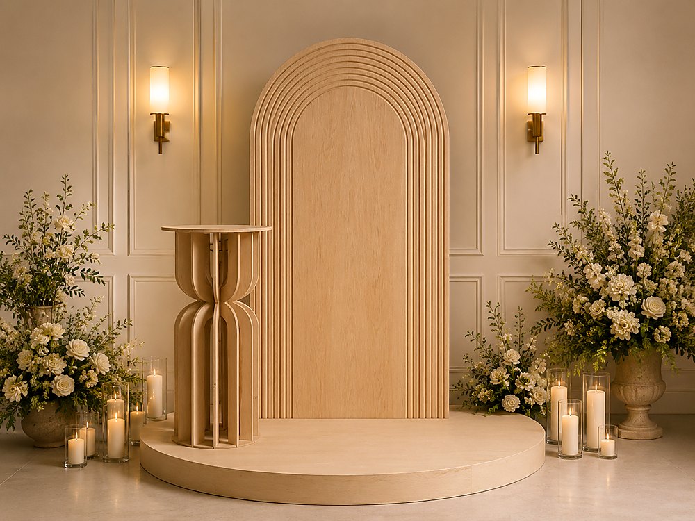 Styled design render: an arch-topped panel on a round riser, lit by candles and framed with white florals