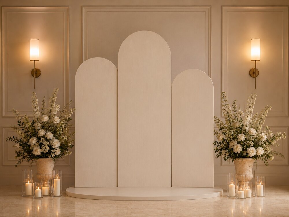 Styled design render: the Ceremony Arch Set in painted cream, three blank arch panels of stepped heights