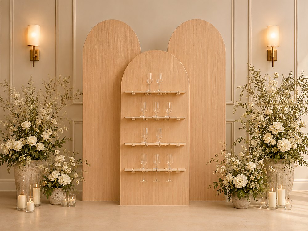 Styled design render: an arched wood champagne wall with four serving shelves