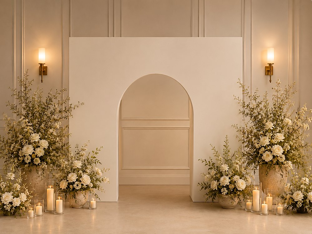 Styled design render: a freestanding wall with an arched walkthrough, framed by florals