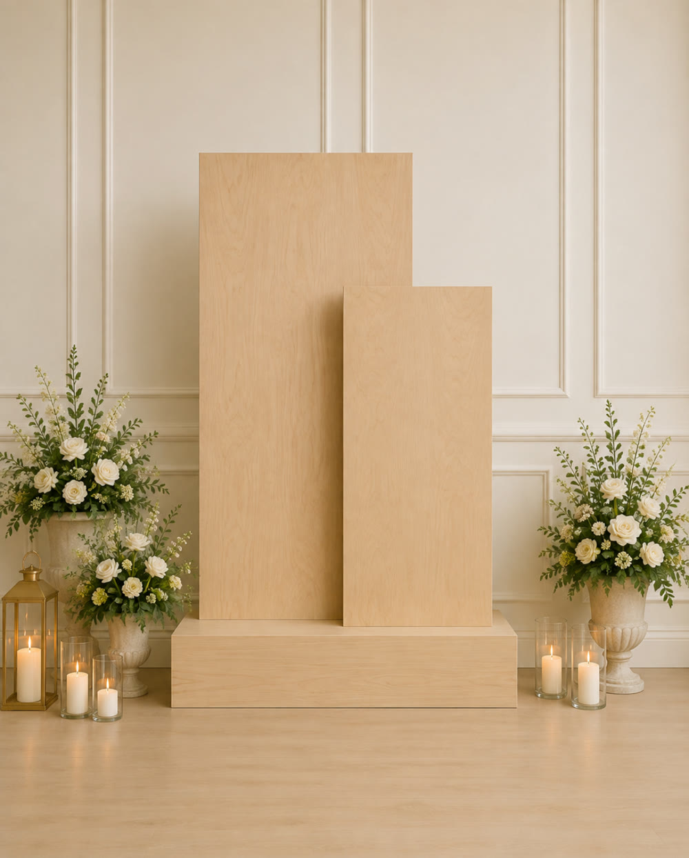 Styled design render: two tall blank birch panels of stepped heights on a low plinth, ready for hand-lettered names