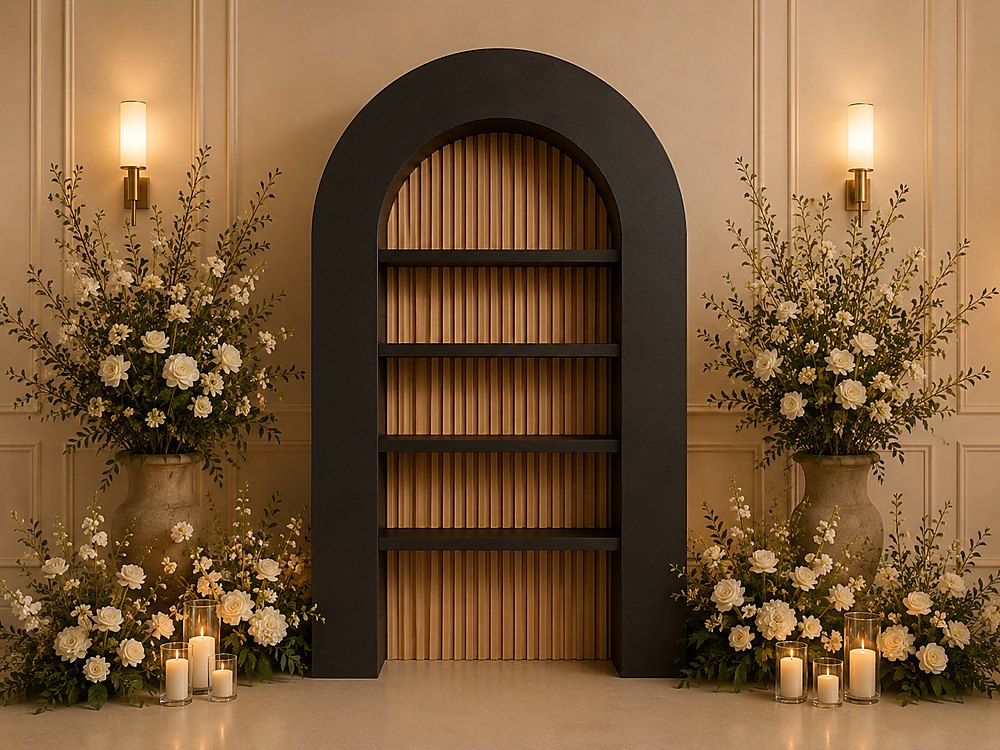 Styled design render: a blackened arch frame filled with oak slats, candlelit and framed by florals