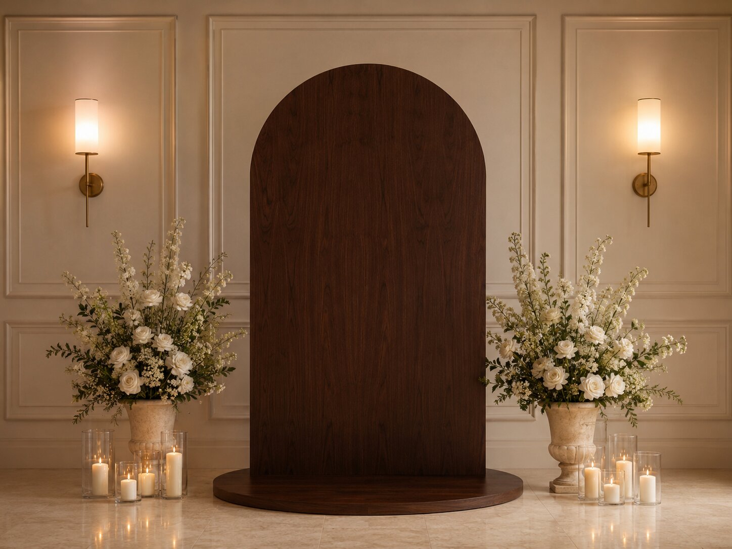 Styled design render: the Arched Welcome in walnut stain, framed by white florals and glass hurricane candles