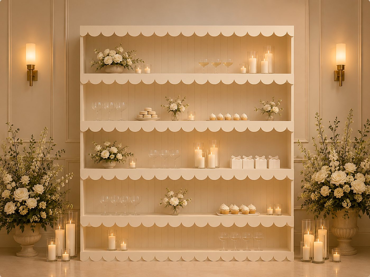 Styled design render: an arched cream shelf wall for favors, drinks, or dessert display, lit by candles