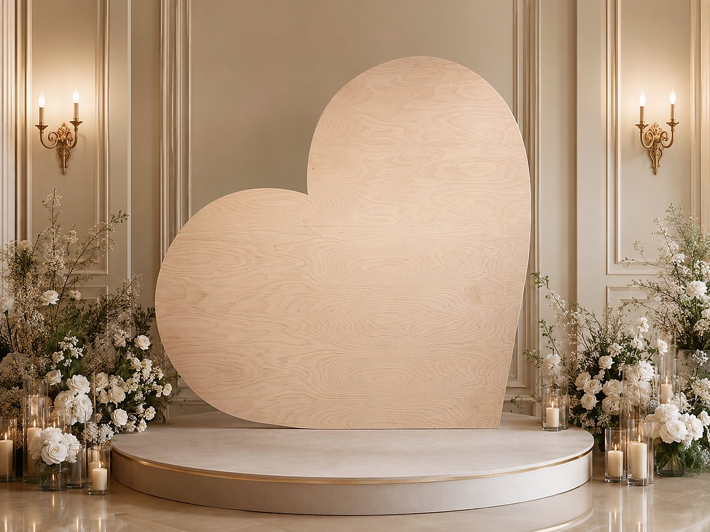 Styled design render: a monumental wooden heart backdrop on a round dais with white florals and candlelight